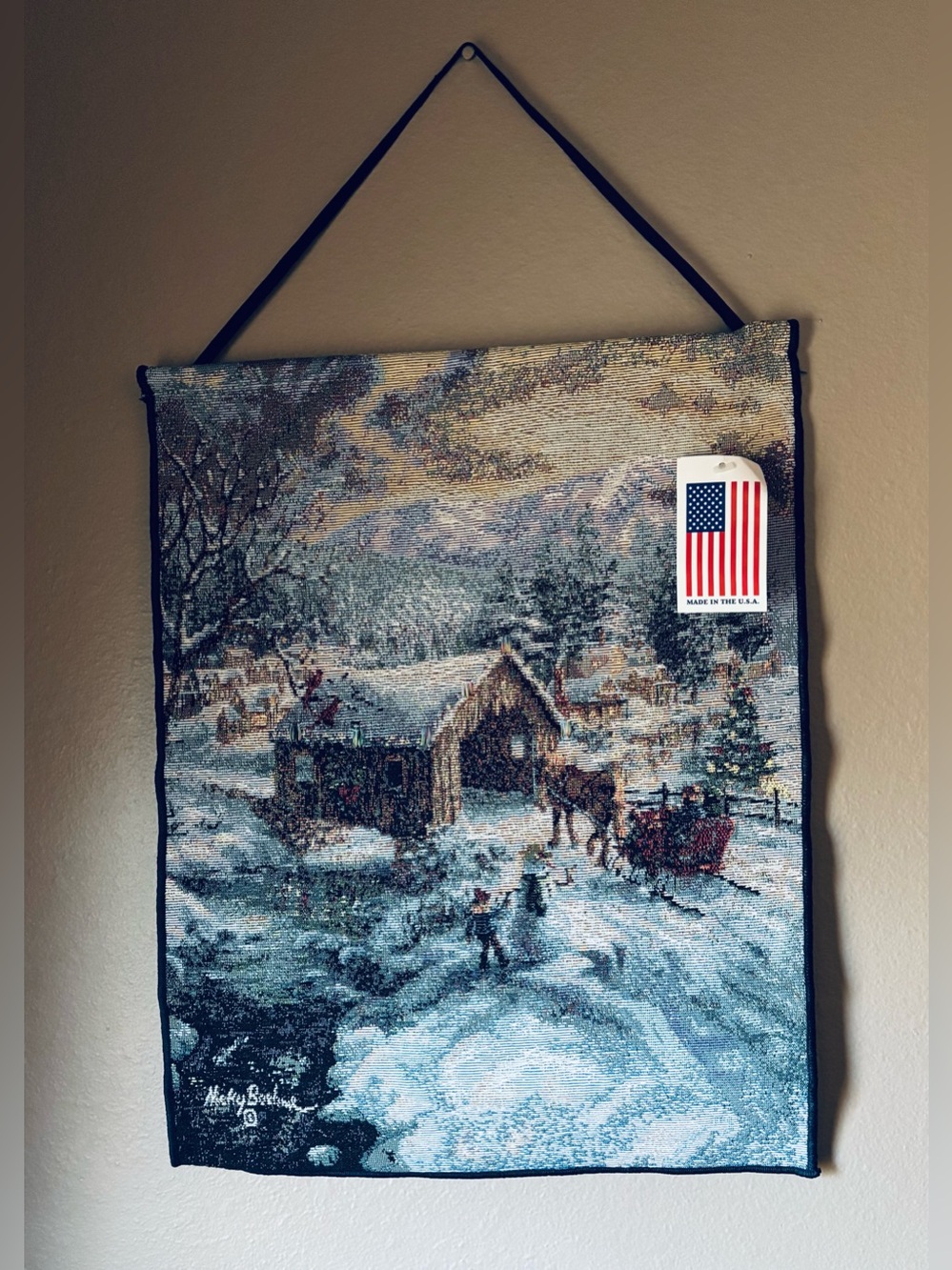 Nicky Boehme Winter Covered Bridge Woven Tapestry Wall Hanging Christmas 13x17